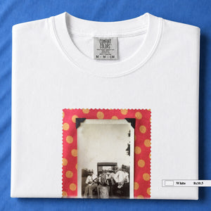 white folded t-shirt with large vintage photo of musicians playing