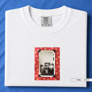 White folded t-shirt with vintage photo of musicians playing