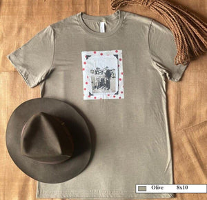 a Khaki t-shirt shown with a vintage family photo on the front of shirt