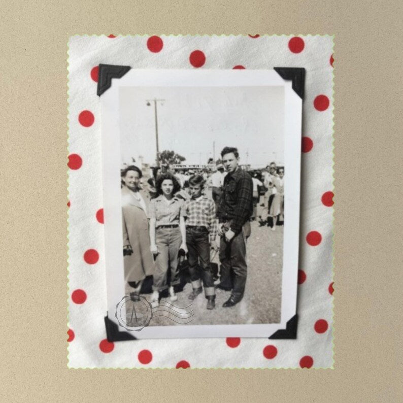 This outdoor jacket is shown with a khaki t-shirt with a vintage family photo on the front of shirt