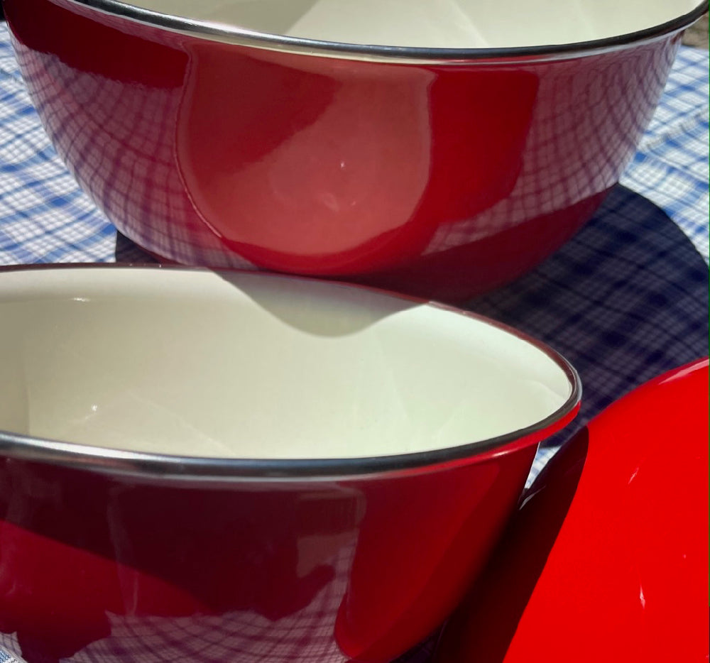 Baily's set of bright red bowls