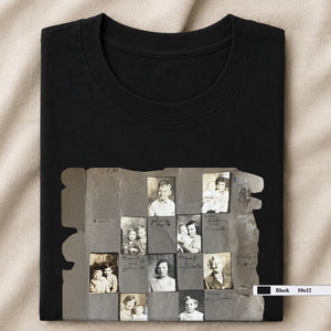 Black folded t-shirt with vintage album  page on front