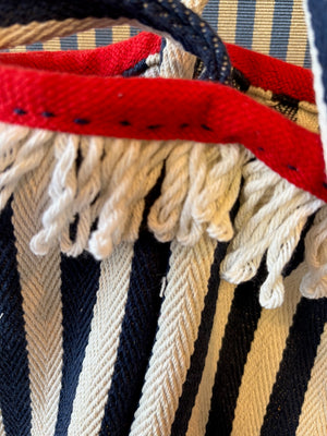 navy and white striped tote bag red edge