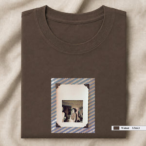 Brown folded t-shirt with small  vintage photo of lady screaming