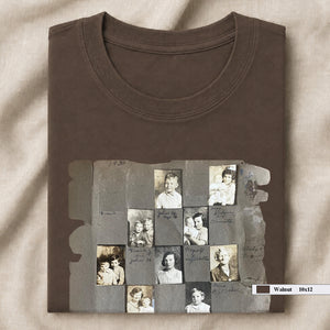 brown folded t-shirt with vintage album  page on front