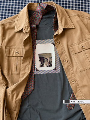 Safari type coat with grey t-shirt with small vintage photo of screaming lady on front