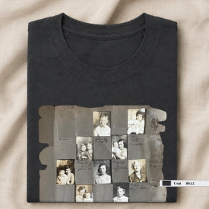dark grey folded t-shirt with vintage album  page on front