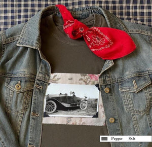 Grey t-shirt with denim jacket and vintage snapshot of people riding in a 1920's car. 