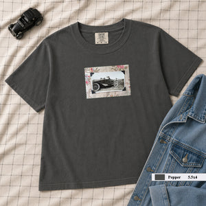 Pepper t-shirt with denim jacket and vintage snapshot of people riding in a 1920's car.