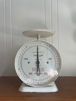 Front view of a vintage Chatillon dietary scale with white finish.