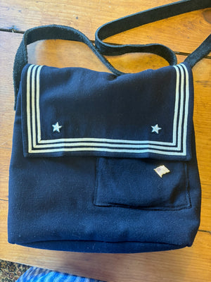 Font of a handmade bag made from a US Navy uniform shirt collar 