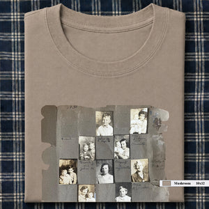 light brown folded t-shirt with vintage album  page on front