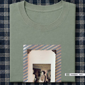 Sage green folded t-shirt with large vintage photo of lady screaming