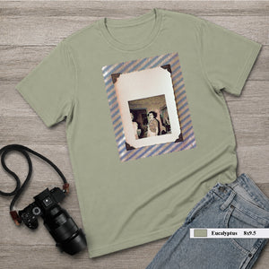 Sage colored t-shirt with large vintage photo of screaming lady on front