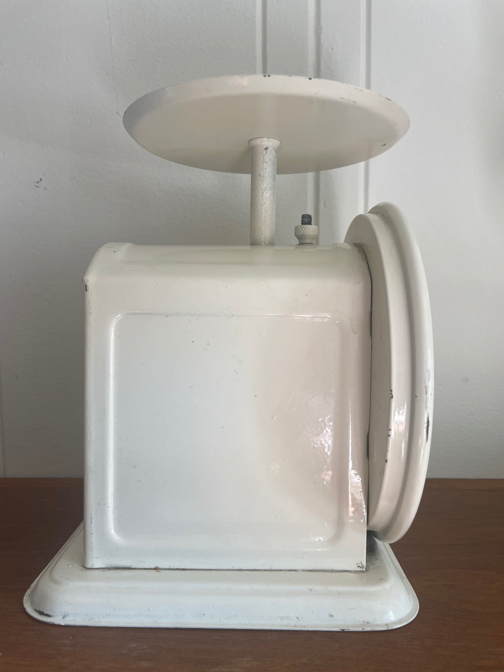 Vintage Chatillion dietary scale with white finish and decorative design.
