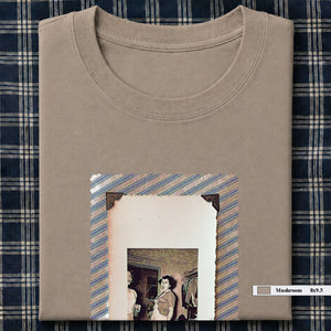 Mushroom brown folded t-shirt with large vintage photo of lady screaming