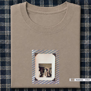 Mushroom brown folded t-shirt with small  vintage photo of lady screaming
