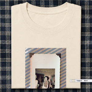 Natural colored folded t-shirt with large vintage photo of lady screaming