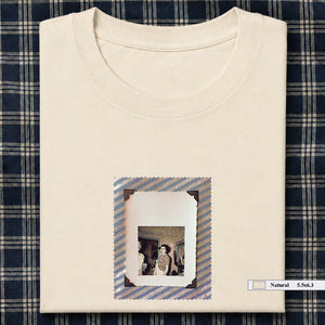 Natural colored folded t-shirt with small vintage photo of lady screaming