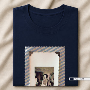 Navy folded t-shirt with large vintage photo of lady screaming