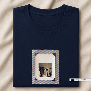 Navy folded t-shirt with small vintage photo of lady screaming