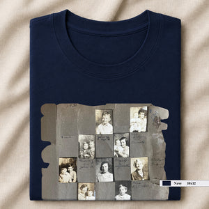 Navy folded t-shirt with vintage album  page on front