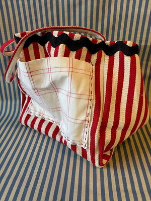 red and white striped cotton tote bag  side view 