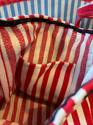 red and white striped cotton tote interior