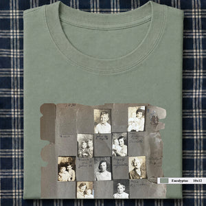 sage green folded t-shirt with vintage album  page on front