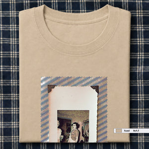 Sand coiored folded t-shirt with large vintage photo of lady screaming