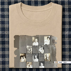 Sand colored folded t-shirt with vintage album  page on front