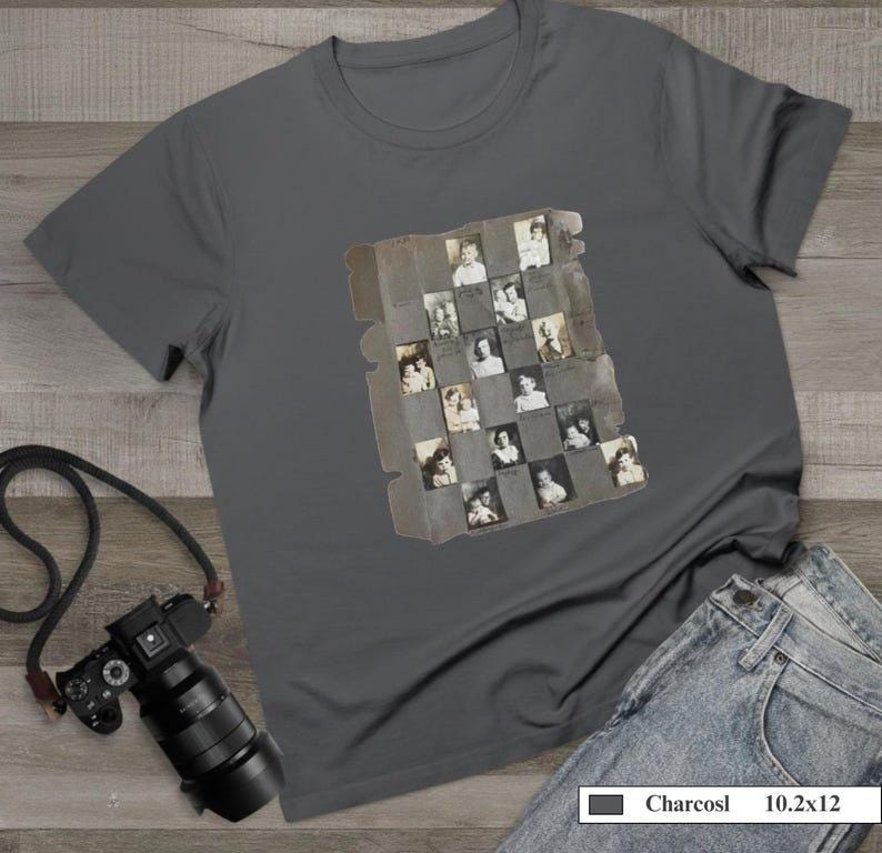 Vintage photo album page of kids on front of t-shirt