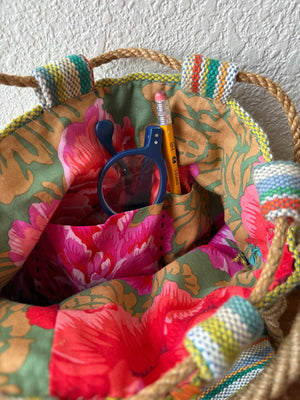 Interior of a colorful basket bag with two interior pockets