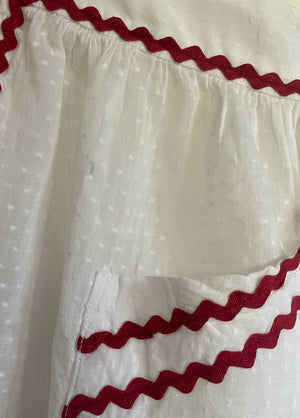 Red and White Swiss dot vintage apron pocket detail