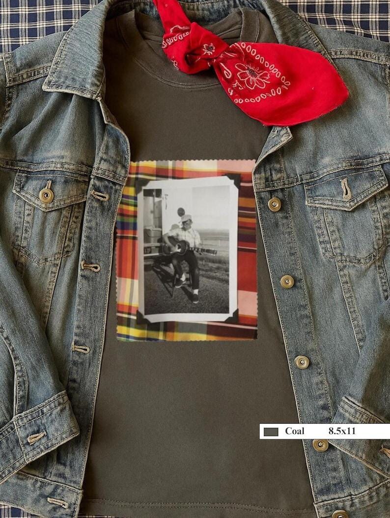 Front of t-shirt with jacket of vintage photo guitar player on colorful patch
