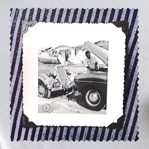 vintage photo patch of mechanics and their cars on stripe fabric patch