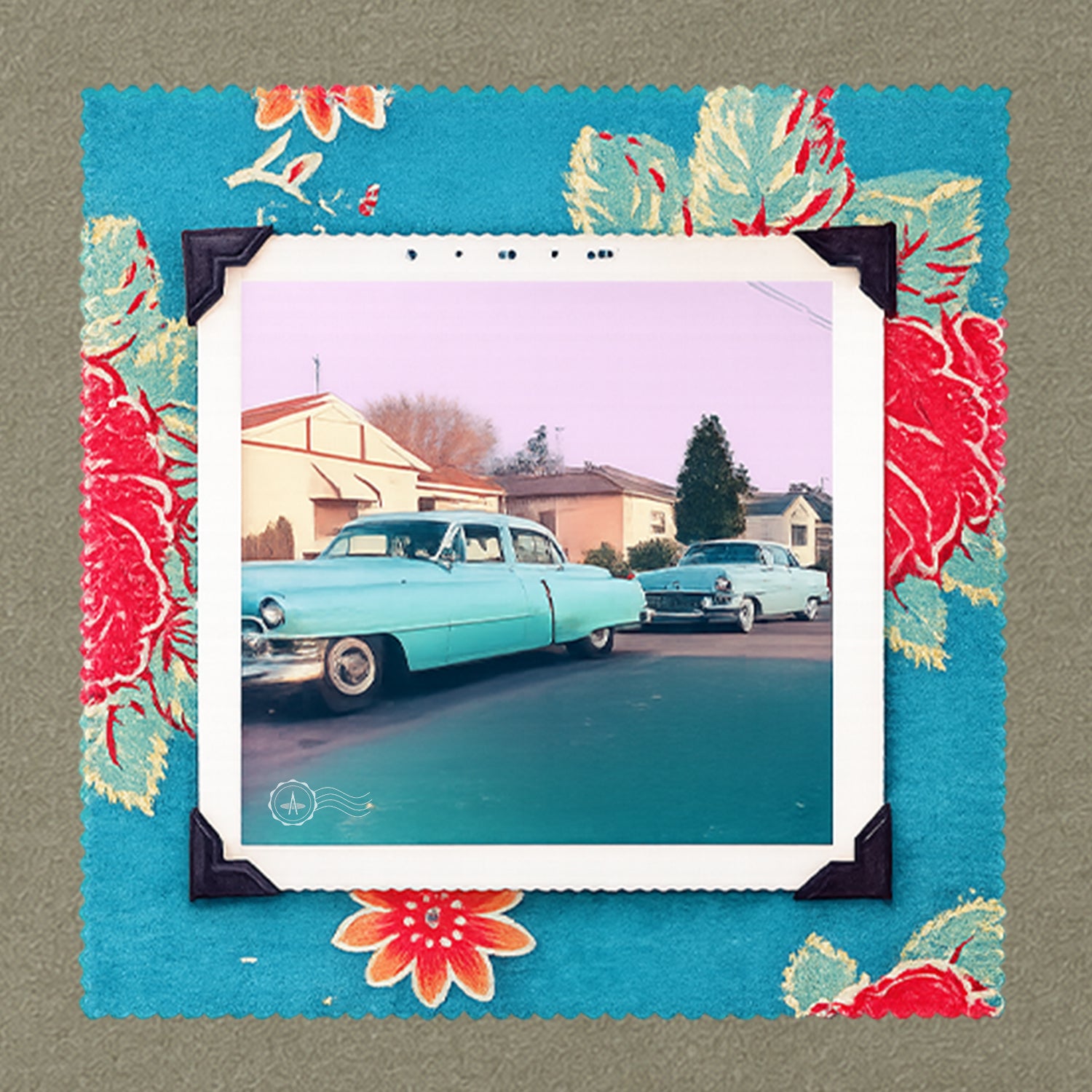 A hat and  t-shirt with a patch on the front of a vintage photo of two classic 50's cars.