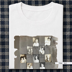 White folded t-shirt with vintage album  page on front.