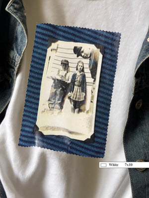 Front of white t-shirt with a 1930's photo of kids posing for a photo op