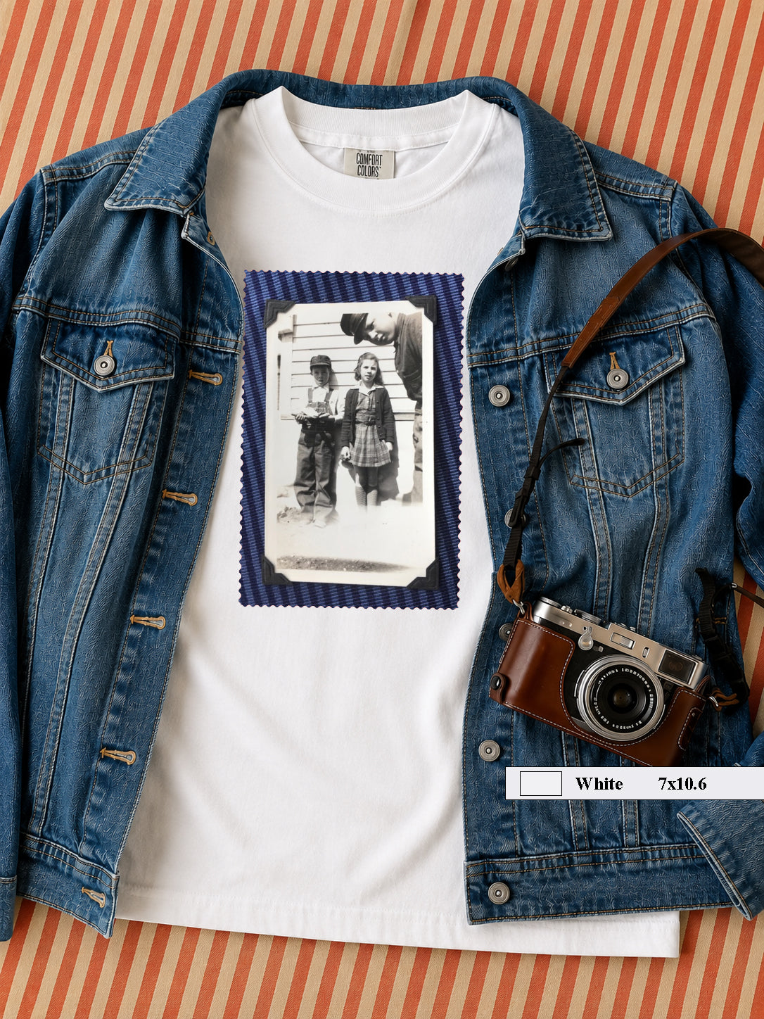 Front of white t-shirt in with a 1930's photo of kids posing for a photo op in a denim jacket
