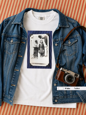 Front of white t-shirt in with a 1930's photo of kids posing for a photo op in a denim jacket