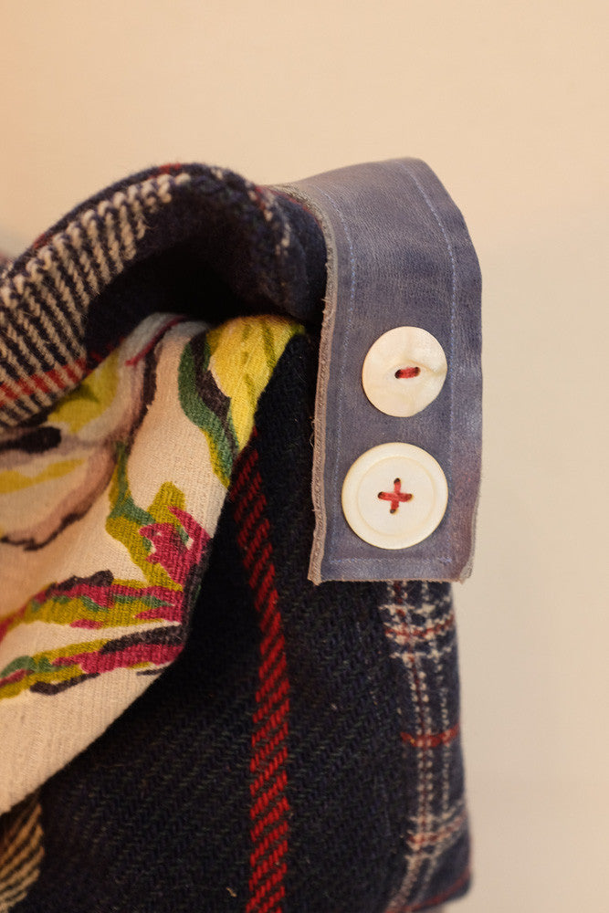 Handmade shoulder bag made from vintage plaid coat, wool blanket and suede leather.