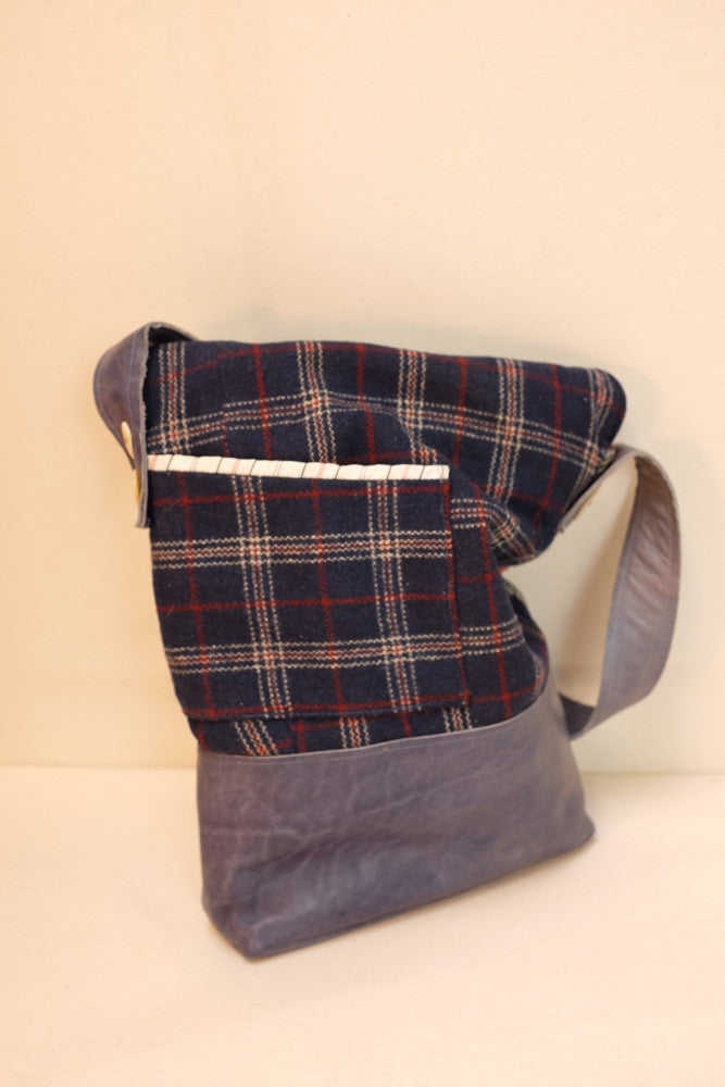 Handmade shoulder bag made from vintage plaid coat, wool blanket and suede leather.