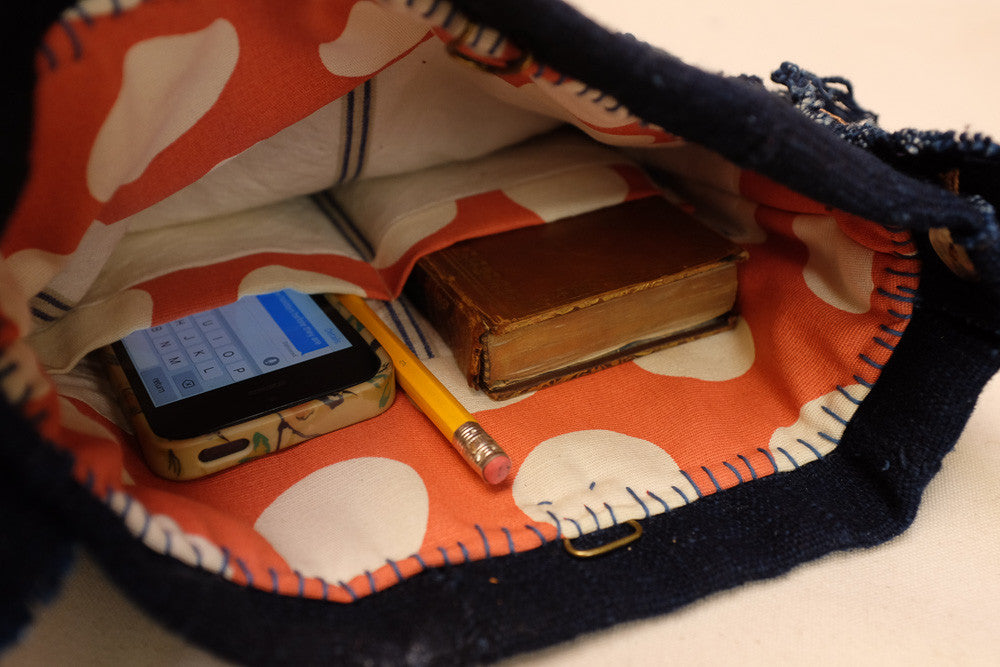 Indigo fringe bag made with vintage African fabric
