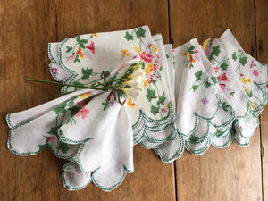 set of eight floral napkins from vintage tablecloth with scallop edge