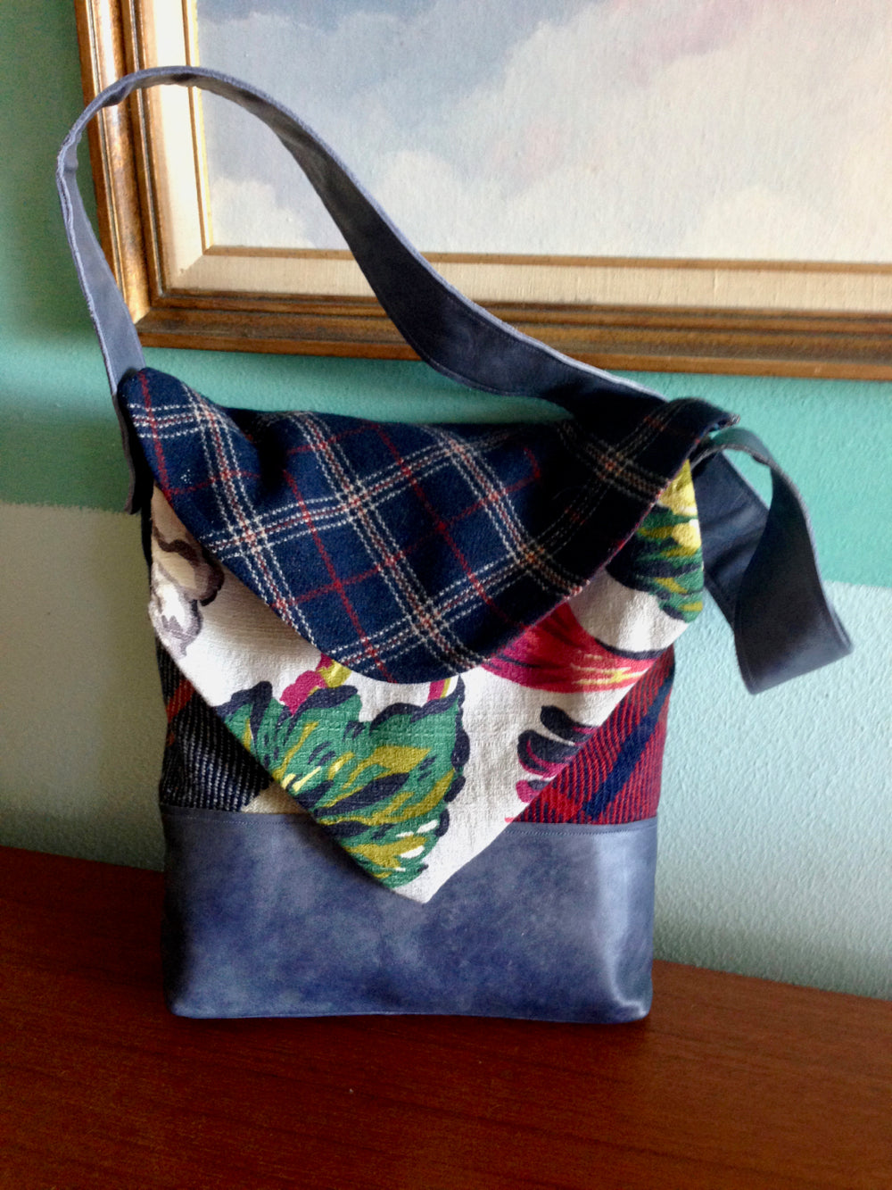 Handmade plaid tablet bag with upcycled materials