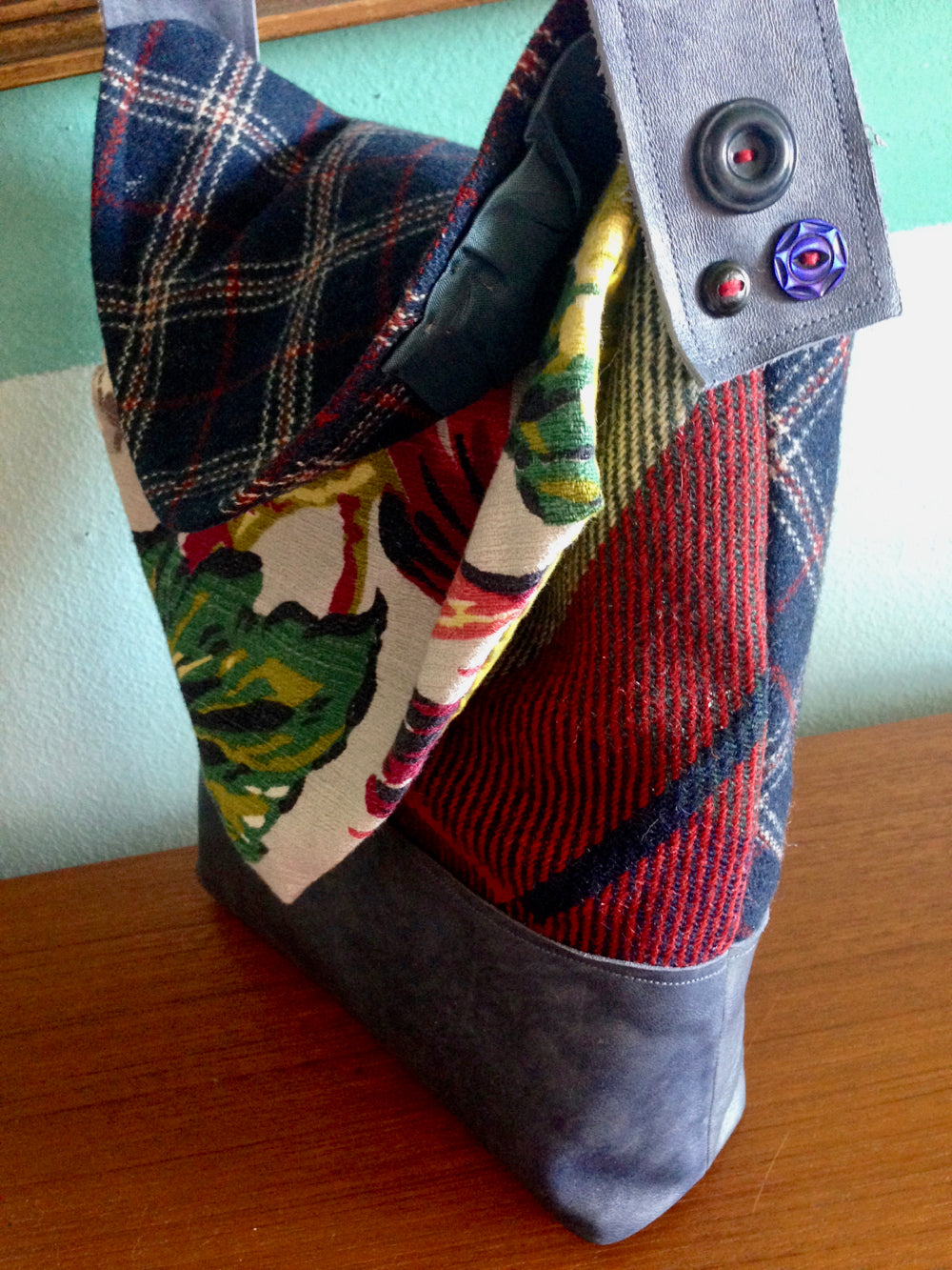Handmade plaid tablet bag with upcycled materials