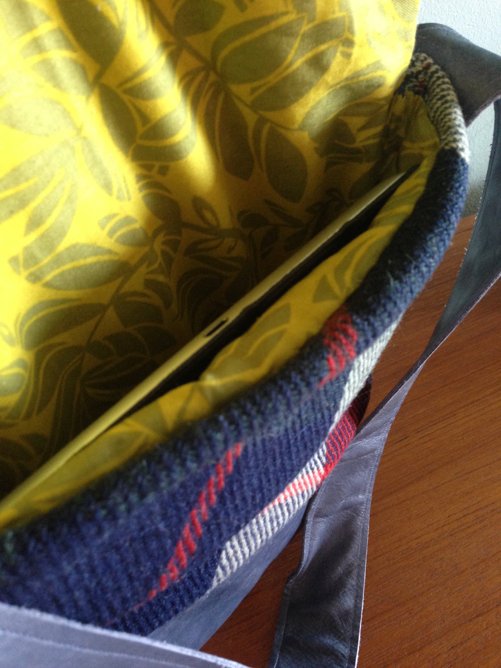 Handmade plaid tablet bag with upcycled materials