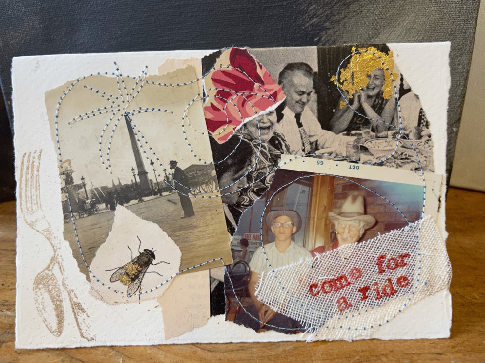 collage card, come for a ride, collage art card