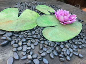 Hand sewn and painted  water lily leaves and flower close up